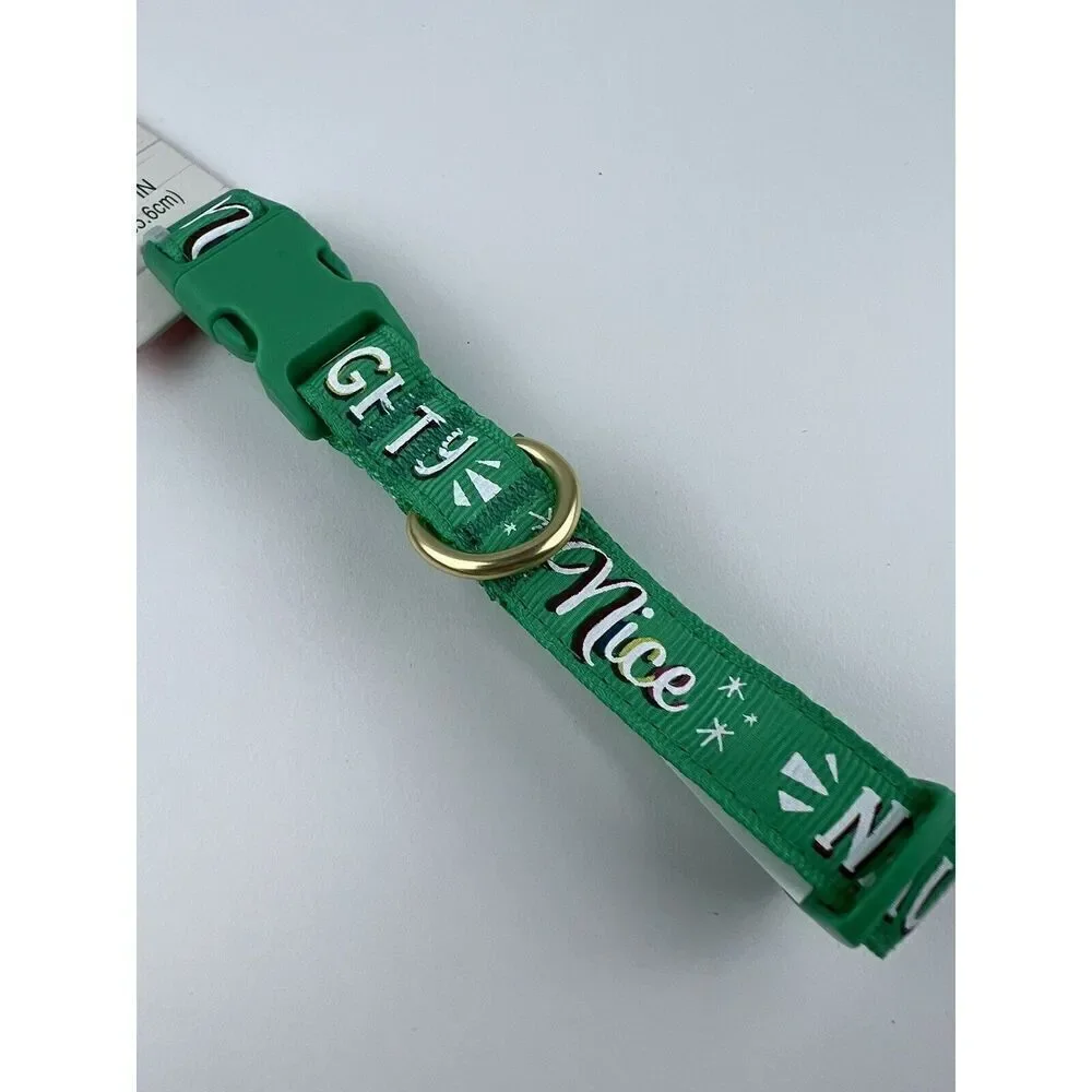 Merry & Bright Adjustable Holiday Themed Dog Collar “Naughty Nice” Green Size S